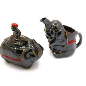 Vintage Elephant Boy Creamer Sugar Bowl Set Boy Figurine Lid Made In Japan